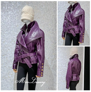 Violette Echtleder-Motorradjacke für Damen mit Stehkragen, Reißverschluss, Gürtel, Goldknöpfen, Kurze Biker-Jacke in Maßanfertigung und Wunschfarben - Product Image 4