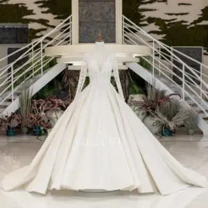 Роскошное бальное платье с v-образным вырезом и длинными рукавами, Кружевная аппликация из тяжелых бусин, красивое свадебное платье, королевское свадебное платье