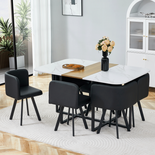 White Wood Rectangular Table + Black Chair + Seats 6
