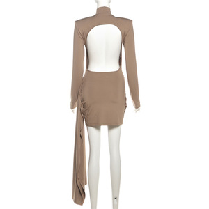 Abito Corto Sexy da <span class=keywords><strong>Donna</strong></span> con Schiena Scoperta, Maniche Lunghe, Collo Alto, Aderente e Plissettato, <span class=keywords><strong>Elegante</strong></span> Mini Abito <span class=keywords><strong>Estivo</strong></span> Casual con Lungo Nastro - Product Image 5