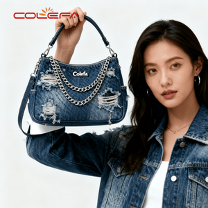 Colefa <span class=keywords><strong>VIP</strong></span> Fashion Half Moon Ladies Shoulder Crossbody Bags Ripped Denim Fabric Bolsos de mujer Diseño dañado Denim Clutch Bag - Product Image 2