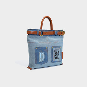 2025 nuevo bolso de mezclilla azul claro cuero marrón costura Retro bolsillo decorado bolso de mujer - Product Image 5