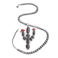 Longue chaîne de perles Navajo avec pendentif cactus surdimensionné vintage incrusté de turquoise