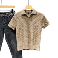 Nouveau T-shirt en maille à manches courtes avec col texturé et col en V, coupe ajustée pour tenue professionnelle