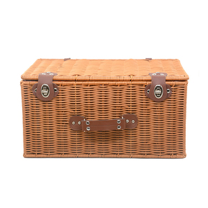 Panier de pique-nique <span class=keywords><strong>vintage</strong></span> en osier brun rectangulaire fait main avec couvercle et poignée, idéal pour le camping et la décoration intérieure - Product Image 3