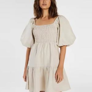 Vestido de Lino de Alta Calidad a Bajo Precio para Mujer, Estilo Ejecutivo, Cuello Cuadrado, Casual, Espalda Descubierta, Manga Abullonada, Mini Vestido de Verano para Dama - Product Image 1