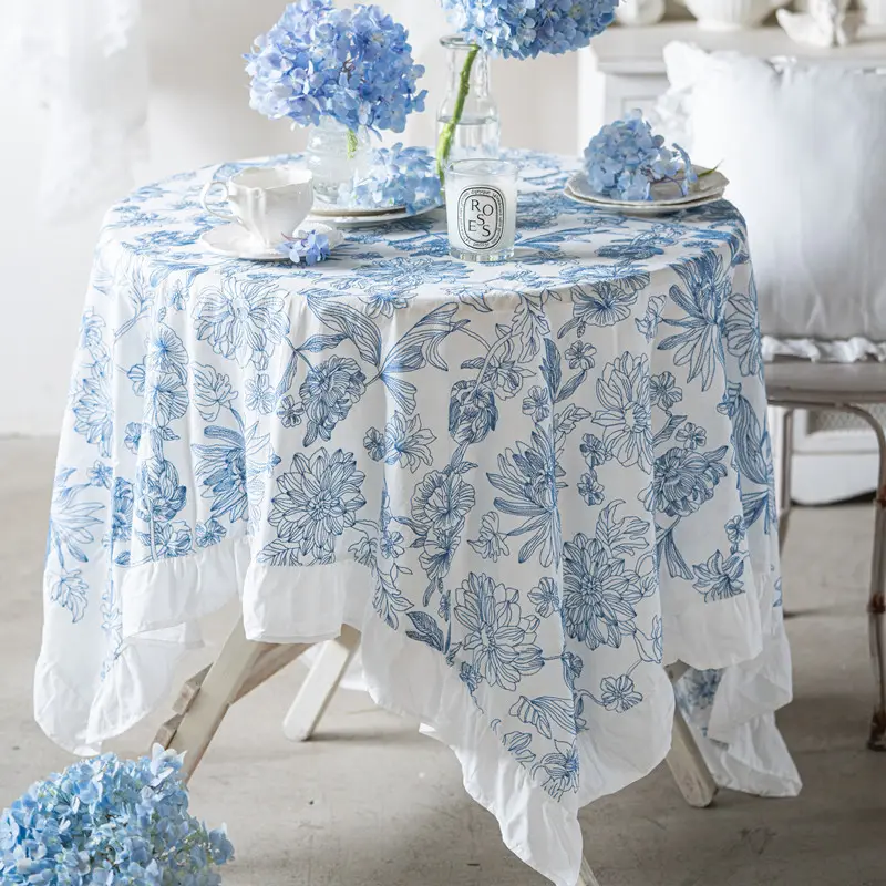 नीले फूल पैटर्न कपास मेज़पोश सफेद hemline के साथ निविड़ अंधकार चीन शास्त्रीय सनी कपास टेबल कपड़ा के लिए गृह सजावट