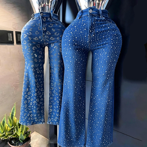 Jeans de mezclilla vintage de cintura media, holgados, de pierna recta, con bordado de diamantes de imitación azules para mujer, al por mayor, estilo urbano, tallas grandes - Product Image 2
