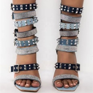Rhinestone Studs Blue High Heels Shoes Summer Square Toe Fashion Buckle Denim Customized <b>Sandals</b> for Women Back Zipper Size 43 - Product Image 4