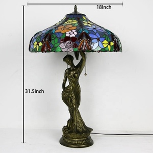 LongHuiJing Newly Handmade Glass Desk <b>Lights</b> Vintage 18Inch Stained Glass Lampshade Tiffany Style Oval Art Flower Stand Lamps - Product Image 4