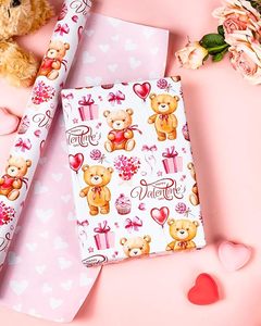 Romantic Valentine's Day <b>pink</b> double-sided cute little <b>bear</b> gift with heart pattern copperplate paper gift wrapping paper - Product Image 2