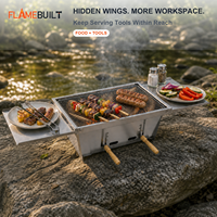 Barbecue de camping au charbon de bois pliable FLAMEBUILT avec ailes latérales escamotables, trois niveaux de charbon, poignées en acier inoxydable, toutes saisons