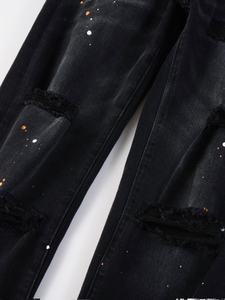 Nouveau <span class=keywords><strong>jean</strong></span> vintage coupe bootcut noir pour homme, effet <span class=keywords><strong>tache</strong></span>, trous et graffitis, coupe slim élastique - Product Image 3