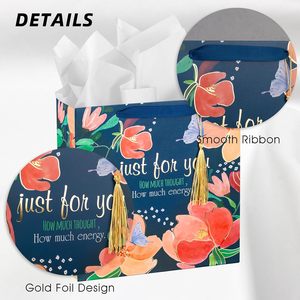 Bolsa de Regalo Floral Cuadrada Homeral de 10 Pulgadas, Azul Marino, con Flores Doradas en Relieve, Asa de Listón y Papel de Seda Incluido, para San Valentín o Cumpleaños - Product Image 3