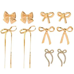 5 pairs Gold and Silver Zinc Alloy Bow Knot Collection Earrings Classic Ribbon Earrings for Women