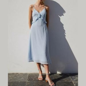 ชุดเดรสยาวปานกลางแบบเรียบหรู ดีไซน์เองได้ ขายส่ง ราคาถูก สำหรับผู้หญิง คอวี แต่งระบาย แขนกุด - Product Image 1