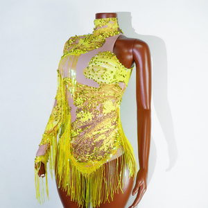 Pantalon en Spandex/Coton à Franges de Strass Jaune Fluorescent Éblouissant pour Spectacles Scéniques, Danse de Salon, Cabaret, Stars Pop et Divas - Product Image 4