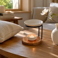 Brûleur d'huile aromatique en fer et bois, diffuseur de cire, chauffe-cire romantique en métal de style européen, support de bougie chauffe-plat en céramique