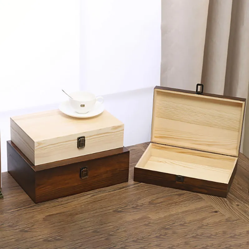 Caja de madera con tapa abatible de pino macizo de lujo con tapa con bisagras, logotipo de diseño personalizado, certificación de libro de madera, caja organizadora de madera