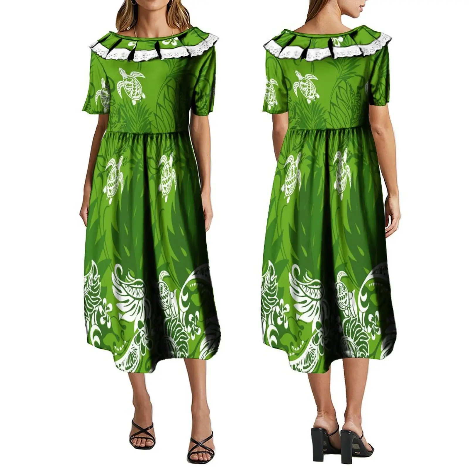 New Arrival Turtle Polynesian Tribal Design Spitzen besatz Layered Ruffle Hawaiian Dress Custom Kurzarm Freizeit kleider Frauen