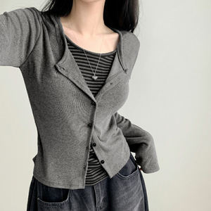 Camiseta de Punto de Manga Larga con Botones y Bloques de Color para Mujer, Estilo Casual, Ajustada, para Uso Diario - Product Image 3