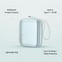 Batterie externe haute capacité 10000 mAh avec câble USB Type-C intégré, charge rapide 22,5 W, personnalisable ODM en plusieurs couleurs