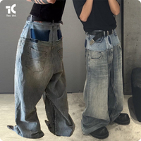American High Street Unique Two Tone Design Relaxed Fit Versatile Couple Style Straight Leg Denim Jeans