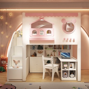 Lit mezzanine moderne JS rose en forme de chat pour enfants avec escalier, armoire de rangement et penderie à 2 portes, garde-corps haut pour chambre de filles - Product Image 4
