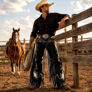 FAZMAX CORPORATION <b>Men's</b> Genuine Leather Western Chaps High Rise Regular Fit Fringe Buckle Closure for Riding Dry Clean <b>Only</b> - Product Image 1