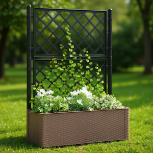 Jardinera elevada moderna de plástico marrón con trellis para macetas de jardín, uso en exteriores - Product Image 2