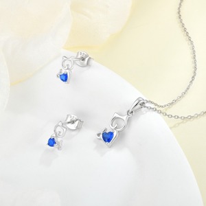 925 plata esterlina azul real <span class=keywords><strong>Zirconia</strong></span> sintética gato corazón colgante collar Stud pendientes conjunto joyería regalo para mujeres y niñas - Product Image 4