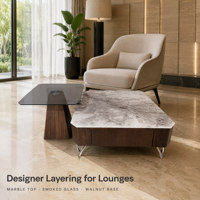 Ensemble de tables basses avec plateau en marbre, tiroirs de rangement, piétement en verre fumé, pieds chromés incurvés modernes, structure en bois de noyer pour l'entrée de la maison