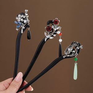 Épingles à cheveux chinoises à fleurs, à pompons, en bois, pour chignon de fête, faites à la main, fourchettes Hanfu, pour femmes et filles, Marque Maxfree - Product Image 1
