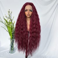 Wig sintetis KEMY HAIR New 99J 36 inci, wig sintetis HD Lace Front Deep Curl Braided tahan panas, campuran serat sintetis untuk wanita kulit hitam.