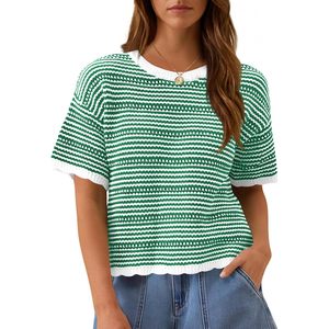 Haut court en maille rayé personnalisé pour femme, à manches courtes et col rond, pull décontracté d'été - Product Image 1