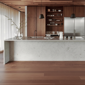 <span class=keywords><strong>Cuisine</strong></span> îlot en béton sur mesure, rangement ouvert, appareils électroménagers encastrés, finition mate, portes cachées - Product Image 1