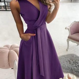 Vestido de mujer con cuello en V de manga corta y bolsillo de Color sólido con cordones elegante vestido de verano de estilo de viaje de moda de oficina - Product Image 1