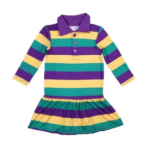 Gestreepte Carnaval Meisjes Jurk Mardi Gras Kids Turndown Polo Hals Kinderen Lange Mouw Patchwork Jurken Kids Vakantie Kostuum