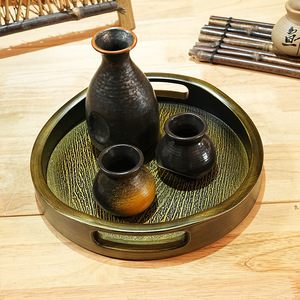 Chinese Style <b>Round</b> <b>Serving</b> <b>Tray</b> Imitation Copper Plastic Wood Grain Design For Tea Coffee Food <b>Serving</b> - Product Image 1