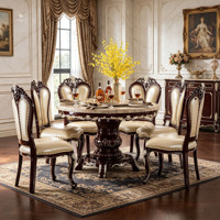 Ensemble de table à manger ronde en bois massif de style européen de luxe, table à manger avec plateau en marbre et chaises en cuir PU pour villa, maison, vente en gros