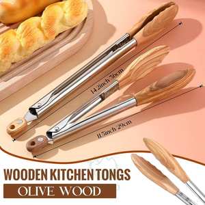 Pinces de cuisine en bois d'olivier et bambou, 2 tailles, pour la cuisson et le service de salades, ensemble d'ustensiles avec embouts en bois, sans danger pour les aliments, lavage à la main uniquement - Product Image 3