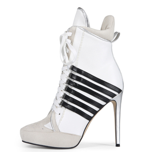 Sports Styles Women Stiletto Thin Heels Short Boots Big Size 47 Front Lace up Stripes Shoes Wide Fit <b>Ankle</b> Patchwork <b>Booties</b> - Product Image 5