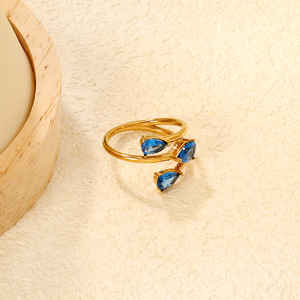 Geometric Open <b>Ring</b> With 3 Aquamarine Zircon Stones Prong Setting Women's Fashion Jewelry <b>Size</b> 6 7 8 <b>Adjustable</b> - Product Image 3