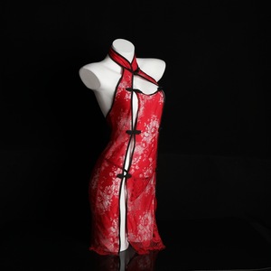 Lingerie <b>Set</b> Cheongsam Style Sheer Floral Print Nightgown Women <b>Sexy</b> Costume For Role Play - Product Image 2