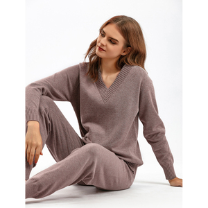 Conjunto doble de suéter OEM para mujer, Jersey de punto de manga larga informal personalizado para mujer y conjuntos de pantalón largo, conjuntos de suéter de punto acanalado para mujer - Product Image 1