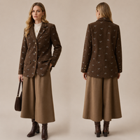 Blazer décontracté pour femme en velours côtelé marron brodé floral australien, revers cranté, simple boutonnage, idéal pour le bureau - Collection 2026