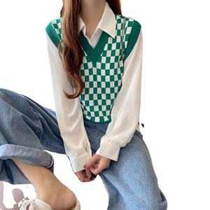 Nouveau Gilet Tricoté Plaid pour <span class=keywords><strong>Femme</strong></span>, Coupe Slim, Col en V, Court, <span class=keywords><strong>Sans</strong></span> Manches, Haut d'Extérieur, <span class=keywords><strong>Pull</strong></span> pour l'Automne, Effet Amincissant - Product Image 5