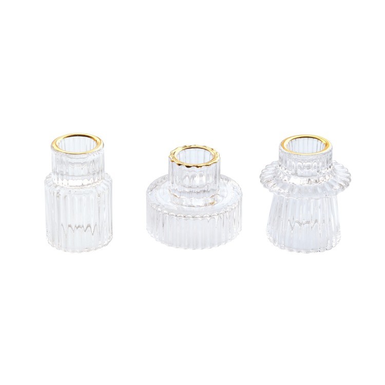 Set of 3 clear Glass Candlestick Holder with Gold Rim Taper Glass ...