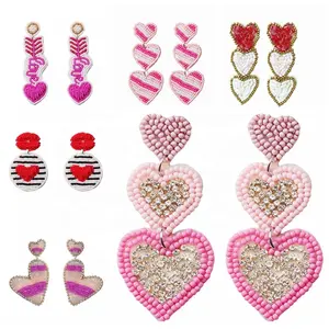 LOVE Seed Bead Valentine's Pink Red Earrings XOXO Love Bride Rhinestone Holiday Earrings Custom Beaded Heart Earrings