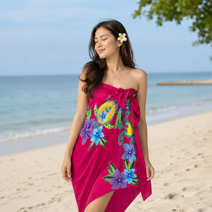 Paréo de plage en rayonne fait main, motif floral, avec motif tortue dessiné à la main, grande taille - Product Image 4